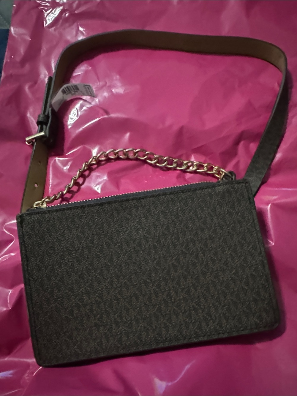Michael Kors Dark Brown Logo belt purses with Gold Chain